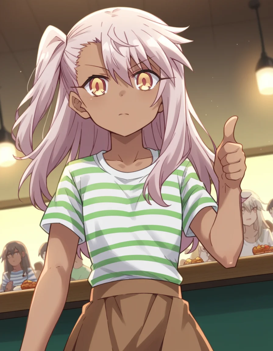 score_9, score_8_up, score_7_up, source_anime, <lora:chloe-von-einzbern-prisma-s2s3-ponyxl-lora-nochekaiser:1>,, chloe von einzbern, long hair, hair between eyes, yellow eyes, pink hair, dark skin, dark-skinned female,, skirt, shirt, collarbone, white shirt, short sleeves, shorts, socks, striped, one side up, white socks, brown skirt, striped shirt, green shirt,, restaurant, laughter, good food, warm lighting, celebration, , looking at viewer, hand showing a thumbs up, solo,, cowboy shot, dutch angle