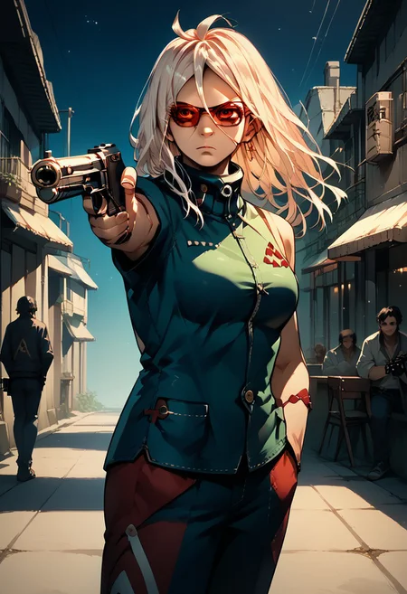 score_9, score_8_up, score_7_up, source_anime, 1girl, TURKISH KILLER POSE, LOOKING AT GUN, HOLDING HANDGUN, HAND IN POCKET, SHIRO (DEADMAN WONDERLAND)