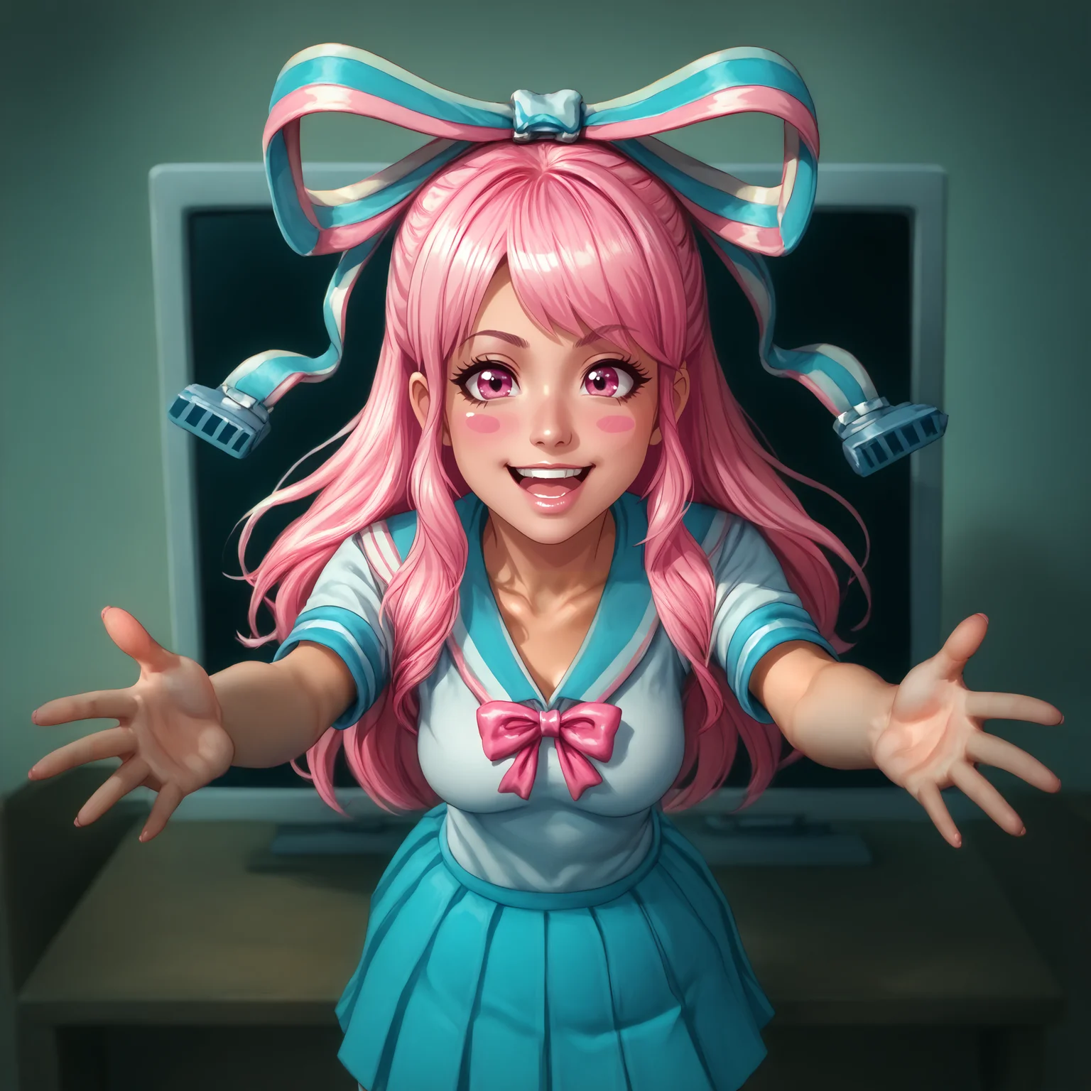 zPDXL2, score_9, score_8_up, score_7_up, source_anime, source_cartoon, detailed, intricate details, chromatic aberration, realistic, front view, upperbody portrait, close-up, looking at viewer, <lora:ThroughScreenPony:0.5>, throughscreen, upper body, tv, stuck, pov, 1girl, solo, Giffany, smile, open mouth, perfect teeth, Pink hair, long hair, big eyes, pink eyes, blush stickers, Hair bow, school uniform, White shirt, blue skirt, pink ribbon, white thighhighs, pink footwear, medium breasts, medium ass, thick thighs, slender torso, incoming hug, reaching toward view, good_hands, 5 fingers <lora:Giffany:1> <lora:pony_good_hands:1> <lora:Incoming_Hug_Pony:1> <lora:Pony_DetailV2.0:1> <lora:StS_age_slider_v1_initial_release:1>