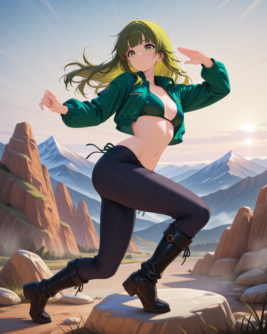 masterpiece,best quality,higres illustration,detailed face,1girl,solo,full body,<lora:fashionposes_IL:1.2>,dynamic pose,long hair,green hair,blunt bangs,pants,jacket,bikini,mountain,rock,knee boots,