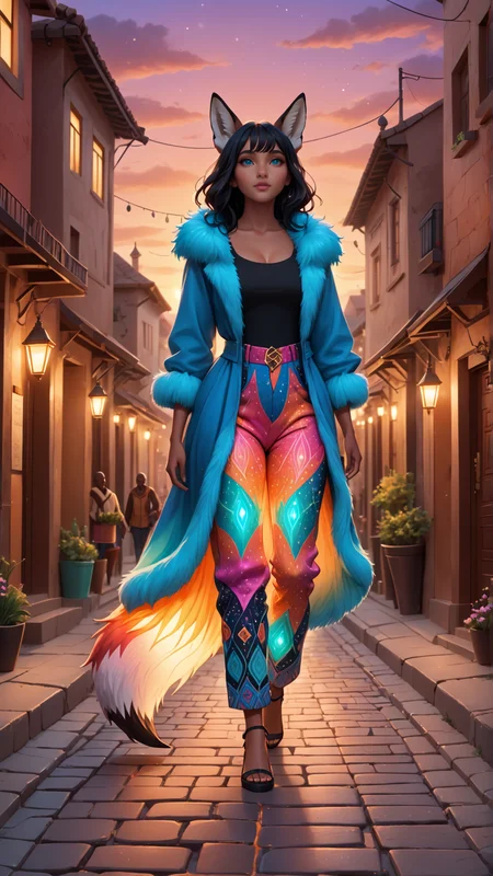 (front view:2), (detailed young female gender character:2) wearing detailed (bioluminescent funky style pants:2), flowing black hair and expressive eyes, (fox-like ears:2), (detailed fox one tail:2), (fox fur skin:2), (african normal body shape:2). Walking through a very cozy furry town with pastel color palette, the charming street has cobblestone streets, and (sunset horizon:1.5). Magic sparkles float in the air, adding a subtle touch of fantasy, doortoinfinity <lora:d\EnvyZoomSliderXL01:-1.25> <lora:doortoinfinity:1> <lora:more_details:1.5> <lora:xl_bioluminescent_dress-1.0:1>