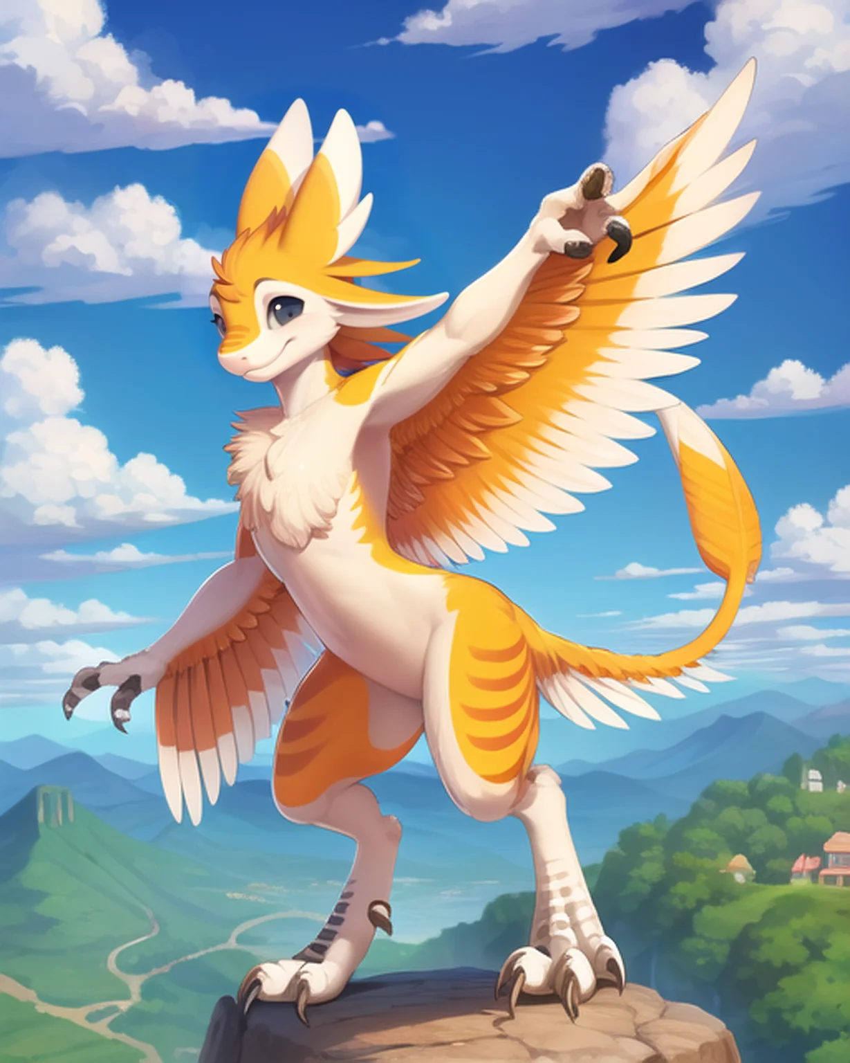 cartoony, anime style, scenery, village, outdoors, sky, clouds, solo, avali, avian, small, standing, digitigrade, detailed face, detailed eyes, orange feathers, orange fur, smile, male, digitigrade, talons, arm wings, tail feathers