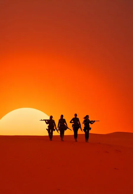 ispzxll, diorama, isometric, miniature, volumetric lighting style, intricate details, desolate, dusty sky, iconic shot, isolated, lonely, orange sky, red dirt, walking away, golden hour, epic, setting sun on horizon, film scene, three slim female figure silhouettes, badass women, carrying rifles