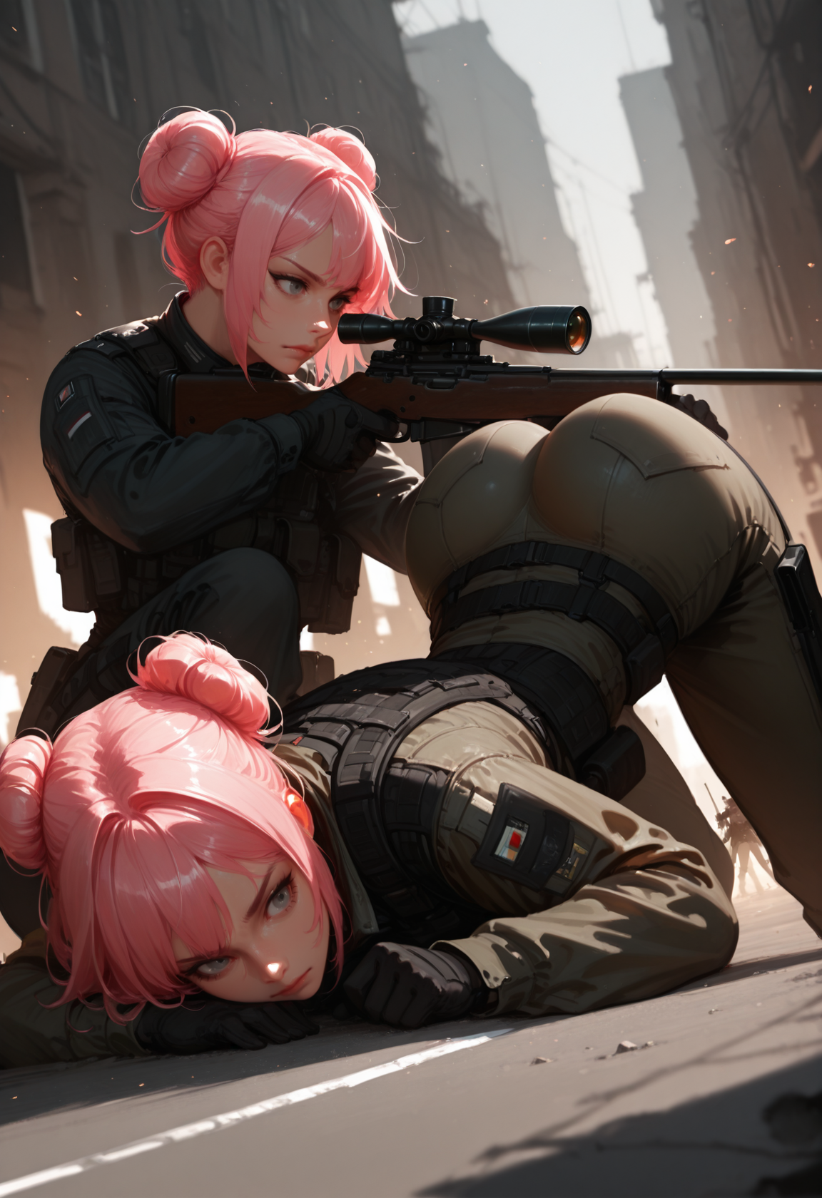 weapon, gun, top-down bottom-up, hair bun, 2girls, ass, multiple girls, double bun, rifle, sniper rifle, gloves, pink hair, scope, holding weapon, black gloves, sitting, holding gun, holding, grey eyes, short hair, long sleeves, outdoors, pants, closed mouth, aiming, jacket, jack-o' challenge, tactical clothes, masterwork, masterpiece, best quality, dynamic lighting , dynamic pose,,  dynamic angle, , , (realistic:1.2), (lineless:1.2), detailed, <lora:Detailer_NoobAI_Incrs_v1:1>, , aged up, adult, depth of field, dynamic lighting, blurry,
