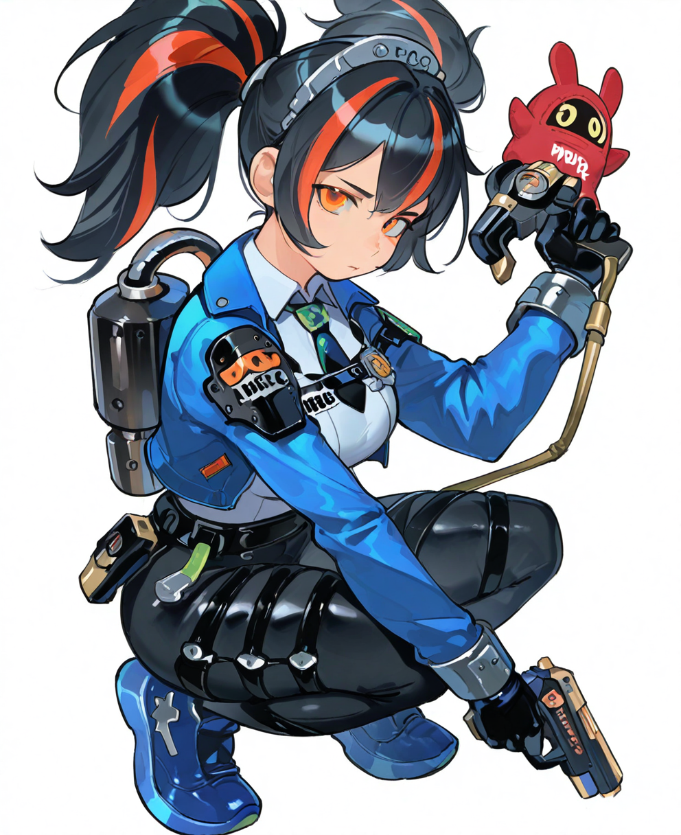 <lora:bea_lenoir:1> bea_lenoir,
(masterpiece), (best quality), (ultra-detailed), amazing quality, very aesthetic, illustration, perfect composition, intricate details, absurdres, incredibly absurdres, shiny skin, realistic,
 bea_lenoir, 1girl, , weapon,  weapon, necktie, black hair, gun,  gun, blue jacket, white background, jacket, multicolored hair, collared shirt, orange eyes, shirt, looking at viewer, ponytail, red hair, pants, squatting, streaked hair, white shirt, gloves, breasts, police, blue footwear, shoes, simple background, handgun, blue hair, medium breasts, black gloves, twintails, solo, general