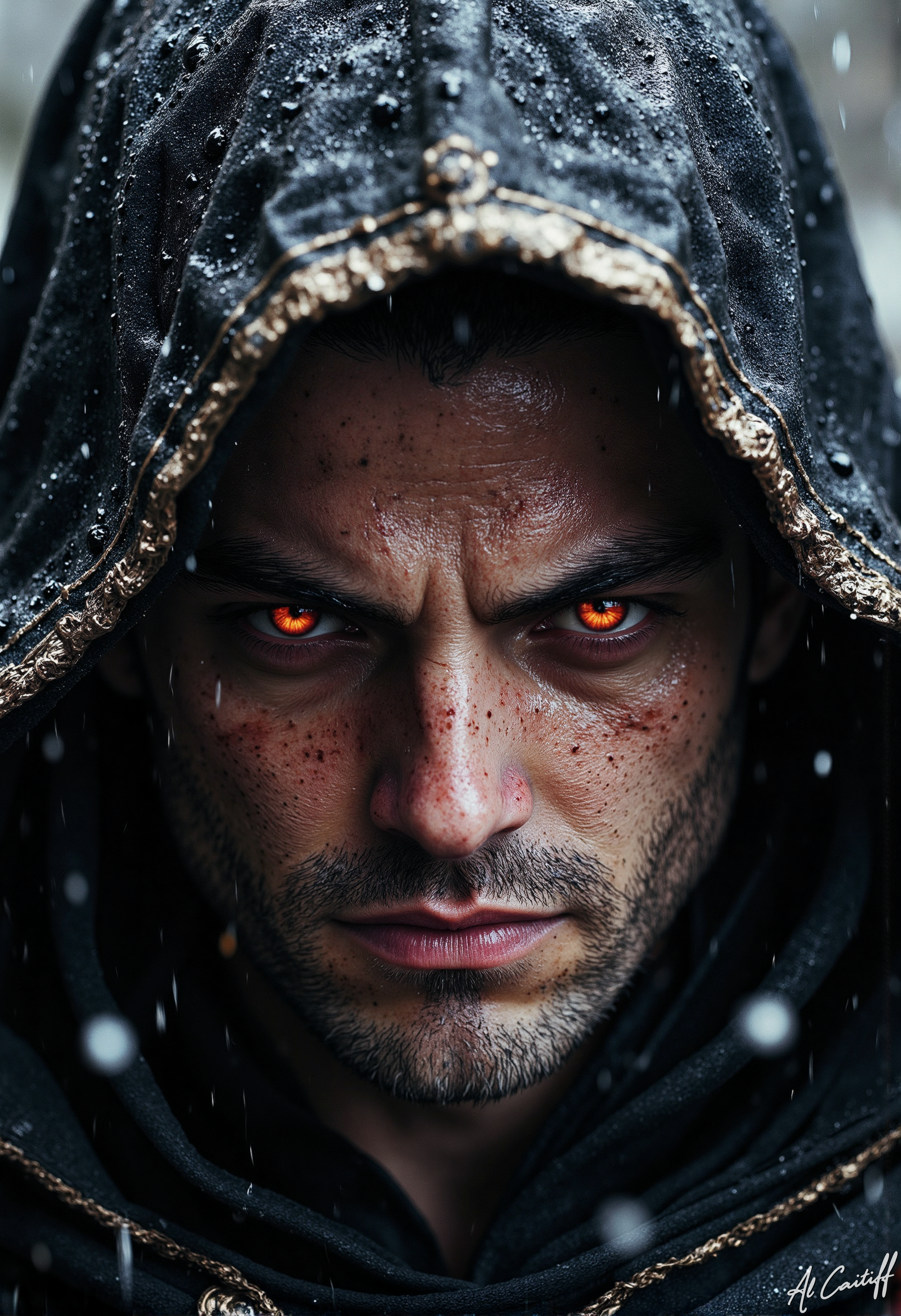 Extreme low-angle shot, 16mm fisheye lens with pronounced barrel distortion, intense motion blur on raindrops, deep f/1.4 depth of field. A close-up of a man's face, eyes aglow with fiery red embers, his skin a deep, weathered brown. His dark, worn hood is pulled forward, casting a shadow over his features, but his intense gaze pierces through. He's wrapped in a black, ornate cloak with intricate golden threadwork, the fabric soaked and clinging to his skin. Water droplets slide down his face like tiny diamonds, as if the rain is washing away his secrets. His lips are set in a thin line, his jaw clenched in a fierce expression. His eyes burn with an inner fire, as if the very soul of the storm is within him., l1n0c2t, fg<lora:CustomFlux/MysticRealism.safetensors:1.0000000000000002:1.0000000000000002> <lora:CustomFlux/MysticFantasy.safetensors:0.25000000000000006:0.25000000000000006> <lora:Flux/Linocut - s1 g4.safetensors:0.25000000000000006:0.25000000000000006> <lora:Flux/Stylized-Super-Texture.safetensors:0.5000000000000001:0.5000000000000001>