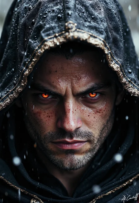 Extreme low-angle shot, 16mm fisheye lens with pronounced barrel distortion, intense motion blur on raindrops, deep f/1.4 depth of field. A close-up of a man's face, eyes aglow with fiery red embers, his skin a deep, weathered brown. His dark, worn hood is pulled forward, casting a shadow over his features, but his intense gaze pierces through. He's wrapped in a black, ornate cloak with intricate golden threadwork, the fabric soaked and clinging to his skin. Water droplets slide down his face like tiny diamonds, as if the rain is washing away his secrets. His lips are set in a thin line, his jaw clenched in a fierce expression. His eyes burn with an inner fire, as if the very soul of the storm is within him., l1n0c2t, fg<lora:CustomFlux/MysticRealism.safetensors:1.0000000000000002:1.0000000000000002> <lora:CustomFlux/MysticFantasy.safetensors:0.25000000000000006:0.25000000000000006> <lora:Flux/Linocut - s1 g4.safetensors:0.25000000000000006:0.25000000000000006> <lora:Flux/Stylized-Super-Texture.safetensors:0.5000000000000001:0.5000000000000001>