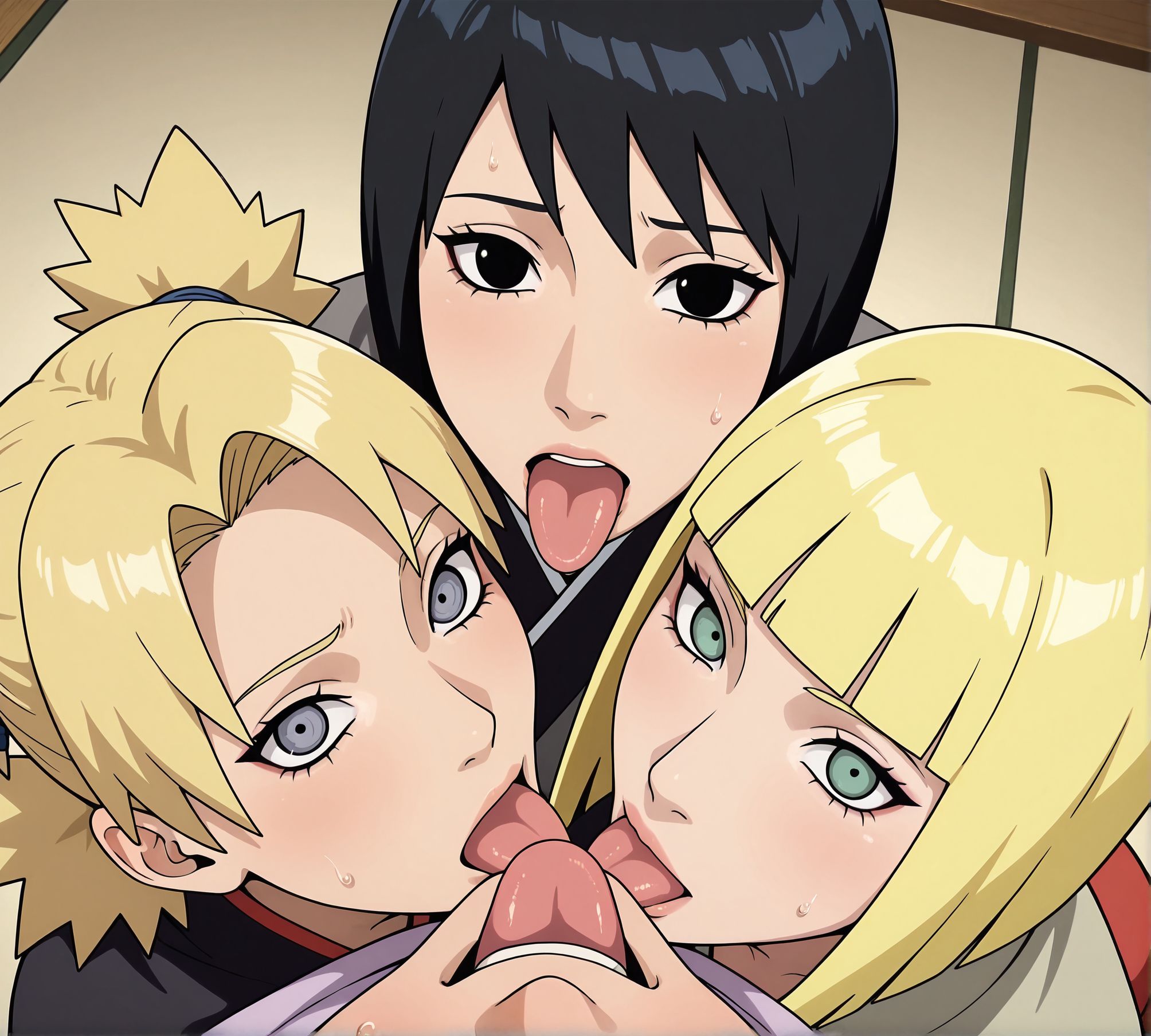 masterpiece,best quality,amazing quality,very aesthetic,absurdres,newest, huge filesize,
<lora:spo_sdxl_10ep_4k-data_lora_webui:0.5>,
<lora:add-detail-xl:1>anime screenshot, 2d,anime coloring, flat color, 
<lora:group_kiss:0.6>3pffmkiss , 
3rd_kiss,group kiss, third-person perspective,
(3girls:1.3), 1boy,hetero,   open mouth, from above ,looking at viewer, 
tongue out, 
sweat, sweatdrop, 
BREAK
samui \(naruto\),  blonde hair, short hair, blunt bangs, 
BREAK
shizune \(naruto\),black hair, 
BREAK
temari \(naruto\), blonde hair,two side up,