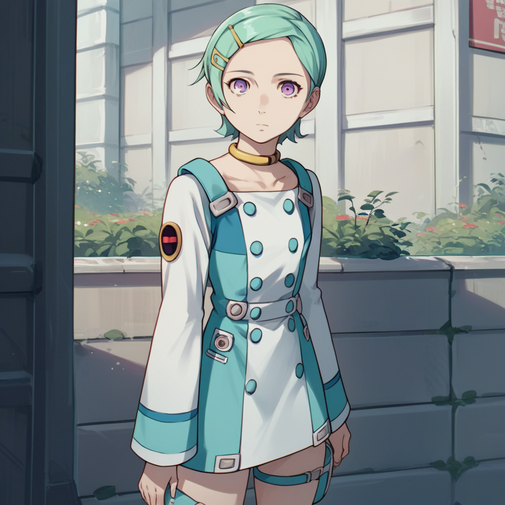 score_9, score_8_up, score_7_up, source_anime, <lora:Eureka - Eureka Seven:0.9> eureka, purple eyes, short hair, aqua hair, choker, hair ornament, hairclip, dress, long sleeves, thigh strap, outdoors, expressionless,  standing, looking at viewer,