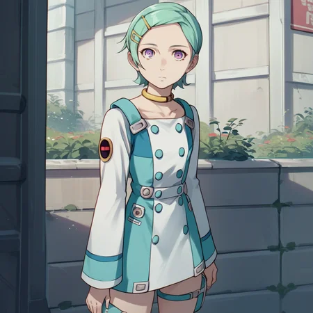 score_9, score_8_up, score_7_up, source_anime, <lora:Eureka - Eureka Seven:0.9> eureka, purple eyes, short hair, aqua hair, choker, hair ornament, hairclip, dress, long sleeves, thigh strap, outdoors, expressionless,  standing, looking at viewer,