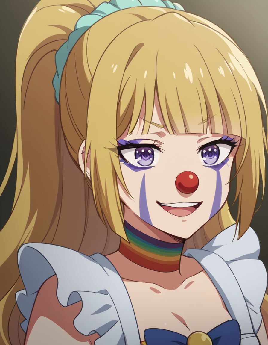 score_9, score_8_up, score_7_up, source_anime, keikaruizawa, <lora:kei-karuizawa-anime-s2-ponyxl-lora-nochekaiser:1>, kei karuizawa, long hair, bangs, blunt bangs, purple eyes, blonde hair, hair ornament, ponytail, scrunchie, blue scrunchie, medium breasts,, <lora:clown-ponyxl-lora-nochekaiser:1>, clown, makeup, clown nose, facepaint, gloves, long sleeves, frills, dress,, smile, open mouth, smug,, cowboy shot