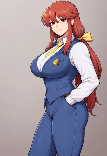 score_9, score_7_up, source_anime, source_cartoon, perfect face, EyesHD, BREAK, (illustration), intricately detailed illustration, Exquisite color design, (best quality, ultra detailed), smooth skin, high details, (1girls), mature female, beauty, thick thighs, big breasts, kotohime (touhou), long hair, red hair, bangs, low-tied long hair, (hair bow, yellow bow), red eyes, white shirt, collared shirt, long sleeves, yellow necktie, blue vest, buttoned vest, police badge, brown belt, blue pants, hands in pockets, looking at viewer, smile, closed mouth, simple background, side view,