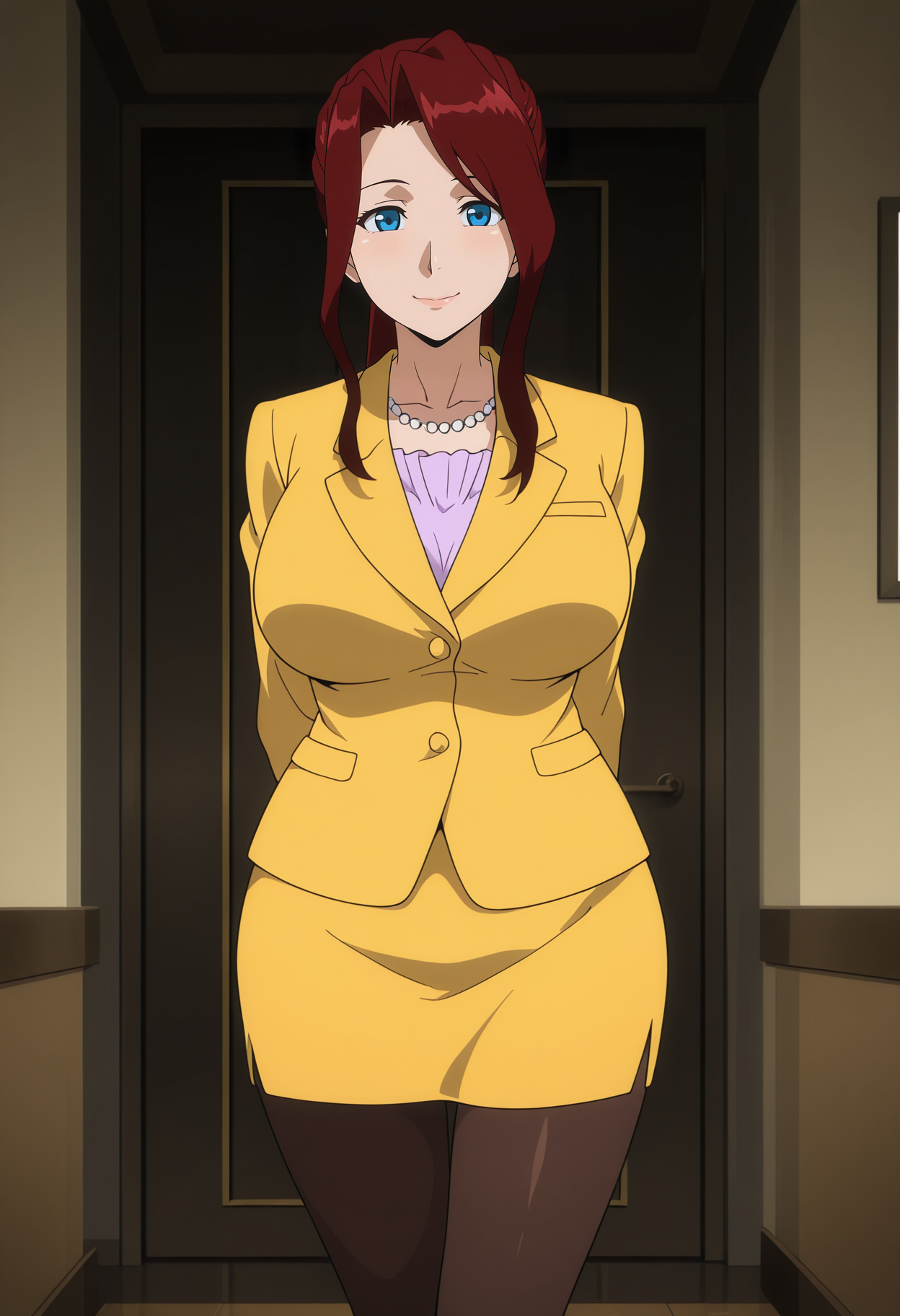1girl,solo,mm,mature female,long hair,ponytail,red hair,blue eyes,large breasts,anime coloring,
formal,yellow jacket,skirt,yellow skirt,pantyhose, looking at viewer, smile,indoors,
,masterpiece,best quality,amazing quality,<lora:Hitomi_Nikaido-Kichiku_IL:0.8>
