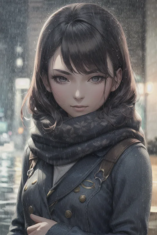 artgerm, 1girl, masterpiece, detailed, shirt, looking at viewer, long scarf, solo, night, raining, <lora:artgerm_v1:0.6>