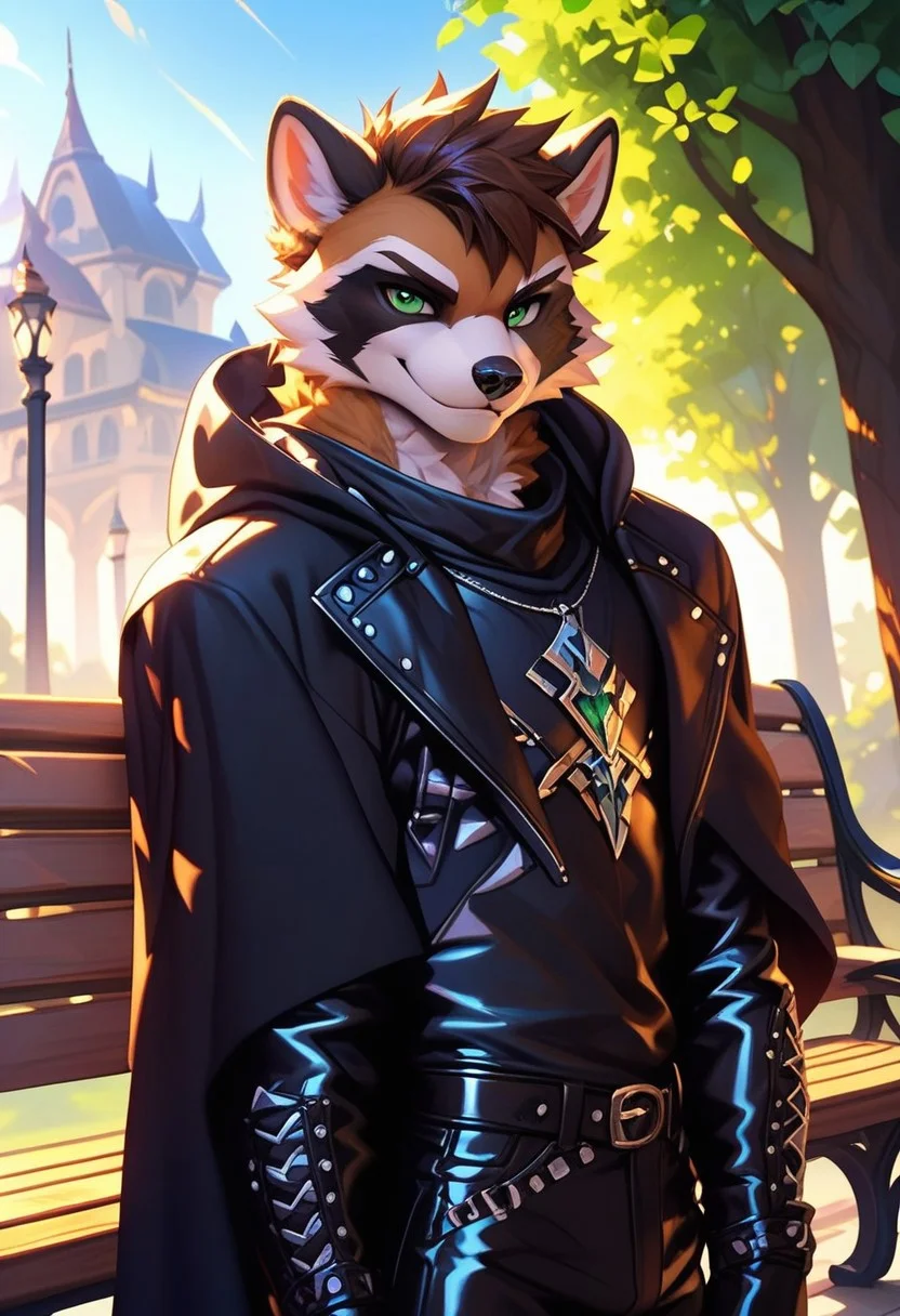 score_9, score_8_up, score_7_up,score_9, score_8_up, score_7_up, ((cowboy shot)), park, park bench, sittingBREAK, ((High fantasy art style)), solo, male, anthro raccoon, black hooded cloak, (black leather breastplate), black leather greaves, black leather pauldrons, black leather boots, brown hair, ((detailed green eyes)), ((Masterpiece), (absurdres), (shadowy), (mysterious), smirk