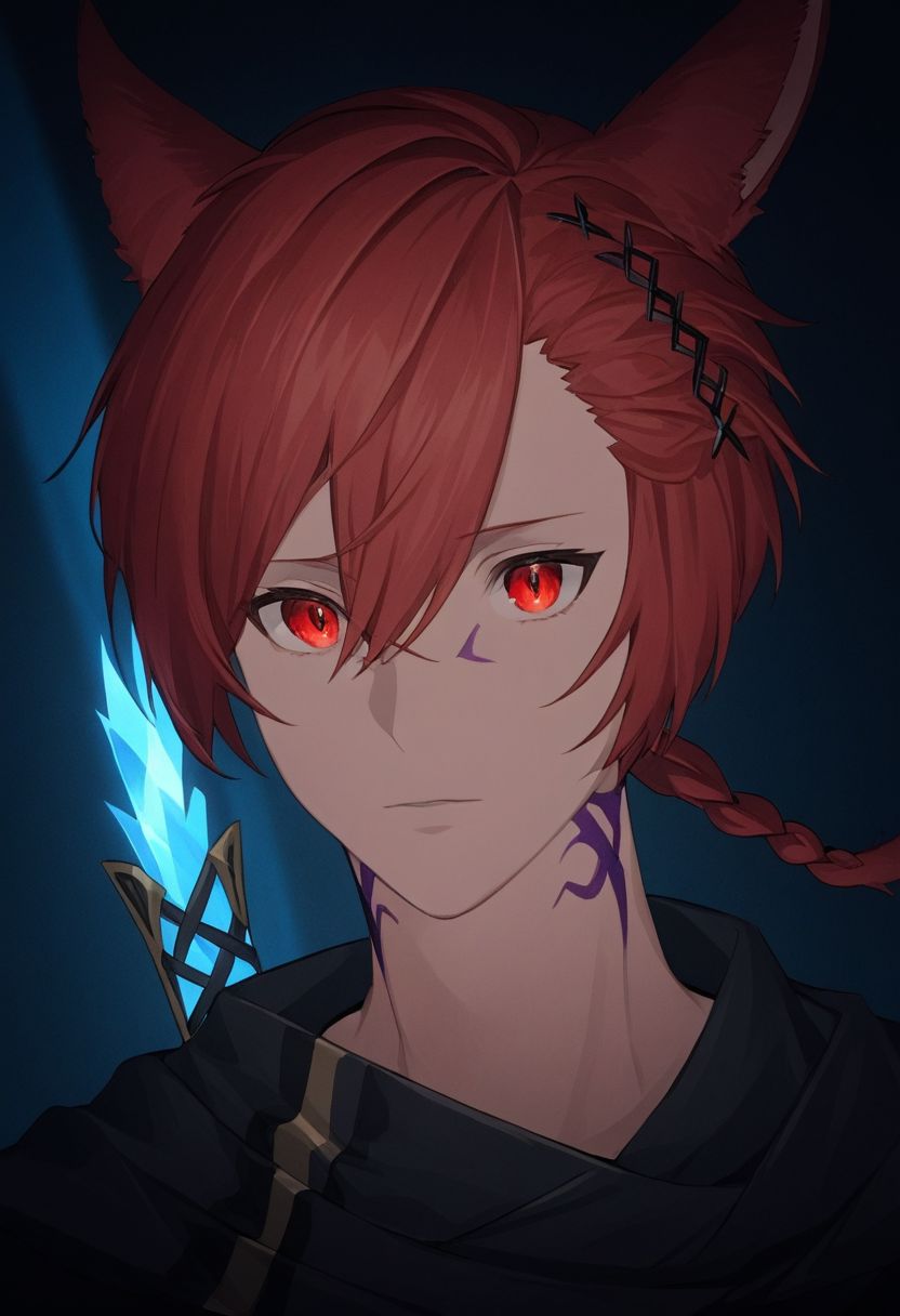 grahatiaffxivdsk, 1boy, male focus, solo, animal ears, red eyes, red hair, miqo'te, cat ears, looking at viewer, hair between eyes, hair ornament, x hair ornament, bangs, holding, glowing, slit pupils, braid, short hair, portrait, jewelry, short ponytail, cinematic angle, cinematic lighting, best anatomy, official art, masterpiece, best quality