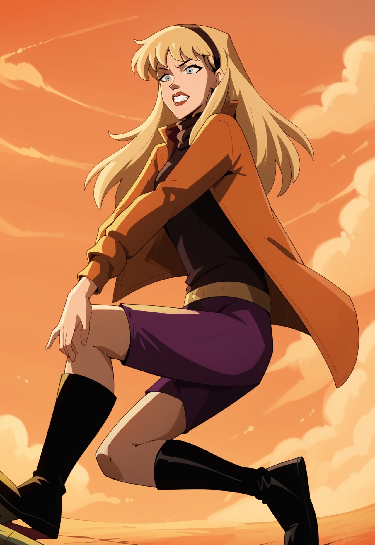 score_9, score_8, score_7, source_cartoon, gwen stacy, animification, sunset, teeth, orange sky, miniskirt, knee boots, turtleneck, sky, black footwear