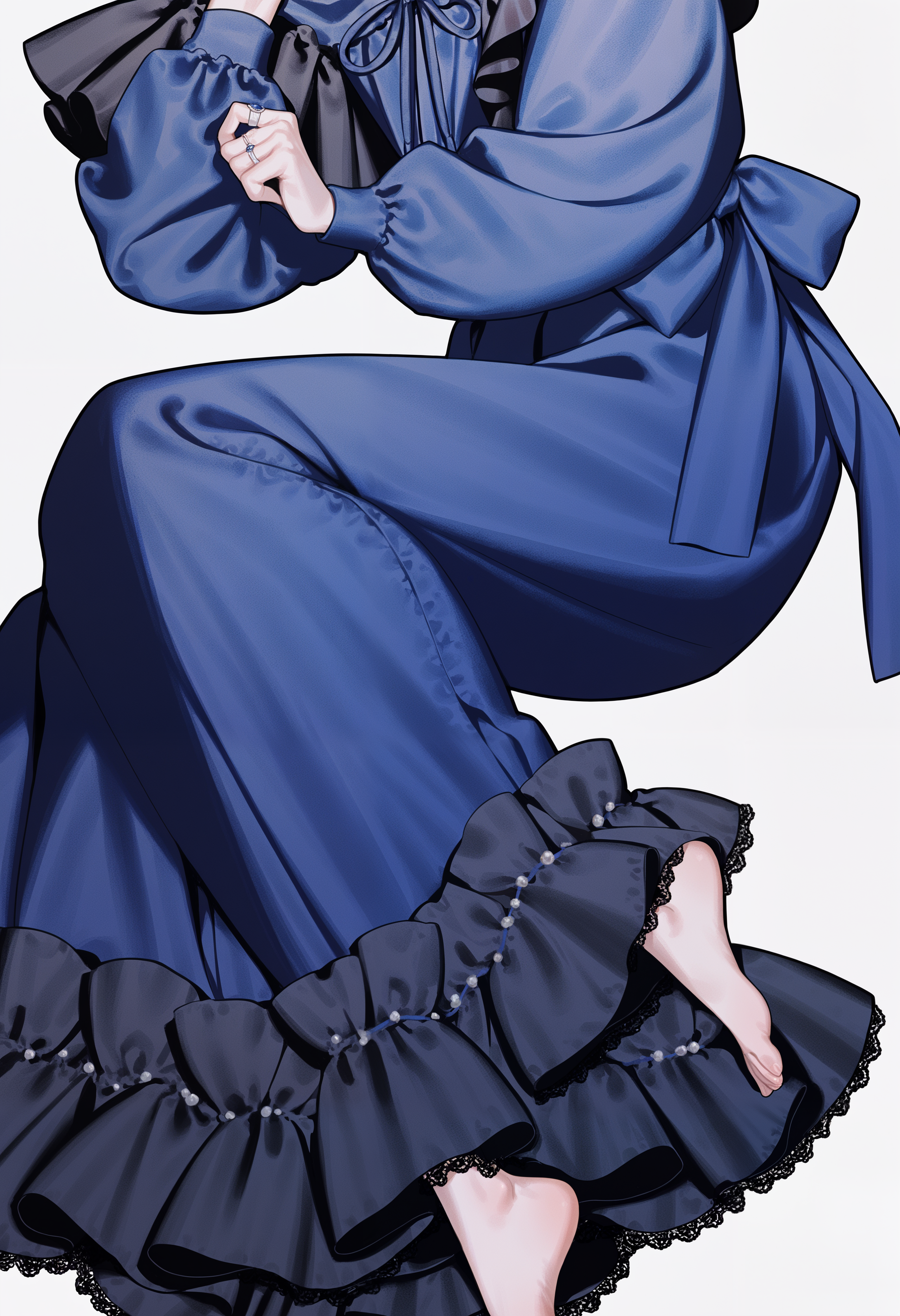 amazing quality, newest, absurdres, realistic lighting, white background,  1girl, solo, head out of frame, lower body, barefoot, lying, on side, long dress, very long sleeves, dark blue dress, frilled dress, blue frills, lace-trimmed dress, blue drawstring, drawstring on waist, loose dress, ring,   <lora:nanako-san>