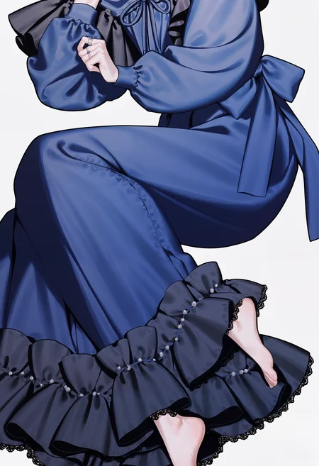 amazing quality, newest, absurdres, realistic lighting, white background, 1girl, solo, head out of frame, lower body, barefoot, lying, on side, long dress, very long sleeves, dark blue dress, frilled dress, blue frills, lace-trimmed dress, blue drawstring, drawstring on waist, loose dress, ring, <lora:nanako-san>