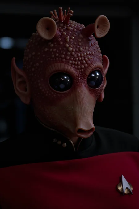 A hyper-realistic portrait, photorealistic photo close-up image of A full body shot of Rodian alien man with snout in a red TNG uniform (photography, high-resolution, dynamic, energetic,hyper-realistic, dramatic lighting, shallow depth of field.), detailmaximizer, MythP0rt<lora:midjourney_whisper_flux_lora_v01:0.55><lora:aidmaMJ6.1-FLUX-V0.1:0.4><lora:FluxMythP0rtr4itStyle:0.4><lora:detailed_flux_ntc:2.2><lora:aidmaImageUpgrader-FLUX-V0.1:0.65><lora:RODIAN_1:1.1><lora:TNG_FLUX:1.1>