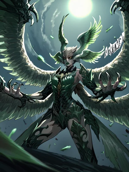 Garuda, head wings, monster girl, female, green lips, black feathers, large wings, fingernails, multiple wings, feathered wings, black body, yellow eyes, claws, feathers, armor, <lora:Garuda:1>, , score_9, score_8_up, score_7_up, source_anime, detailed, high quality, beautiful, masterpiece,