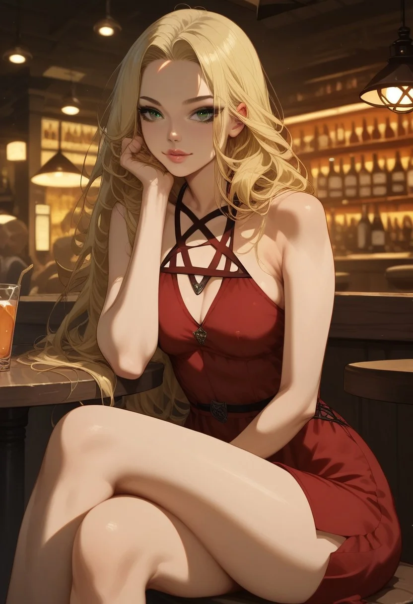 realistic, score_9,score_8_up,score_7_up, 1girl, Irina, IrinaRH,, long hair, blonde hair, parted hair, straight hair, double face framing tendrils, dark green eyes, detailed eyes. light makeup, slim, small breasts, perfect ass, 1g0r, pentagram dress, red dress, sitting at a bar table, indoors, head resting, crossed legs, front view