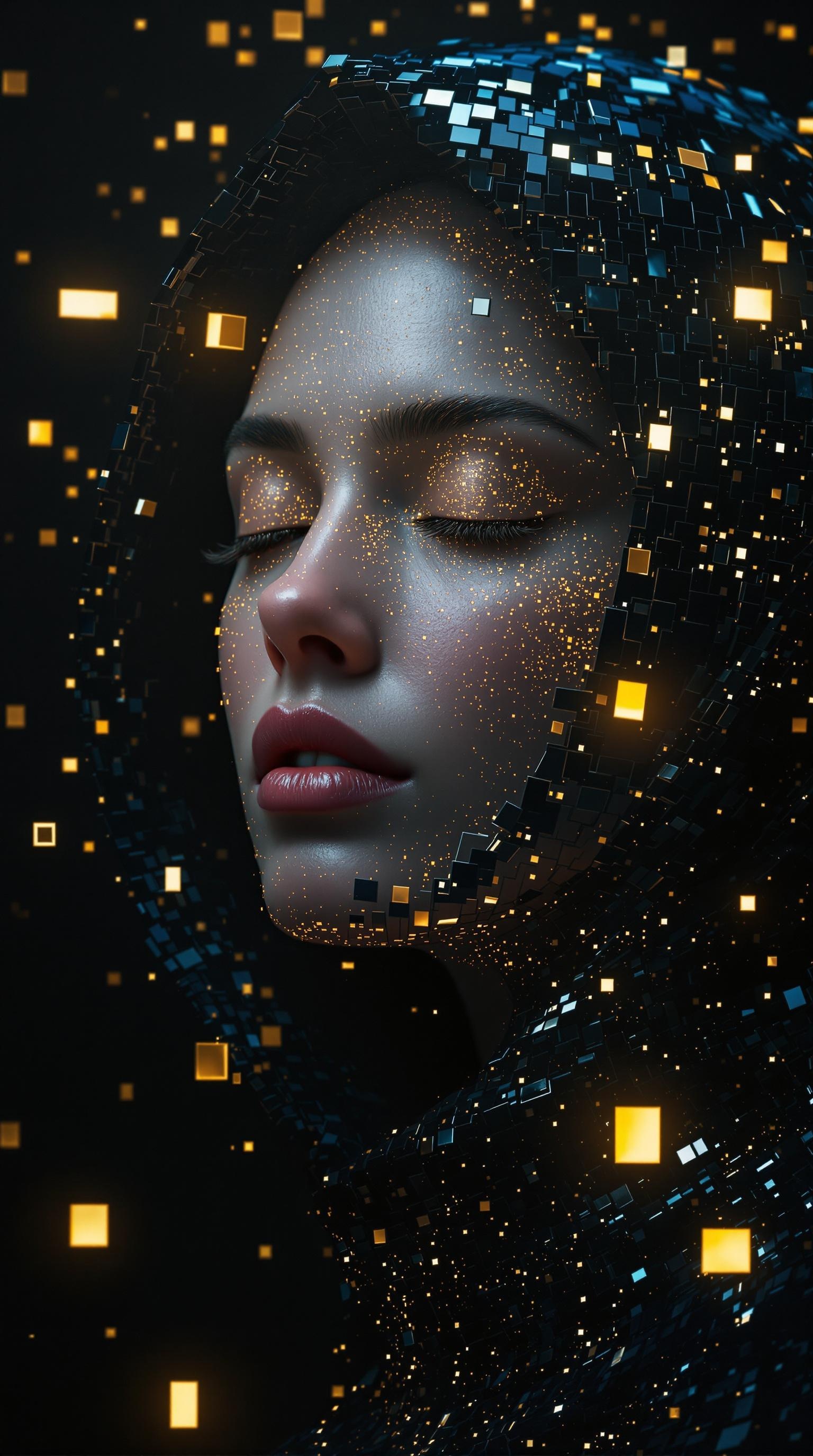 A serene female figure, her face illuminated by an inner light, is enveloped in a shimmering, cybernetic hood. The hood's surface is composed of intricate, fragmented rectangular and square patterns, like a fragmented digital tapestry, creating a mesmerizing, pixelated effect.  Sharp, geometric elements, cool blues and blacks, and glowing, golden rectangles, resembling data streams or celestial islands,  pulse and flicker against the deep, ink-black backdrop.  The figure's eyes are closed, her expression peaceful, almost meditative, suggesting a state of deep introspection or mindful connection with the digital world.  A subtle, cool, metallic hum vibrates through the atmosphere around her, subtly echoing the structured chaos of the intricate patterns behind her.  The golden rectangles seem to float and shift, creating a dynamic dance of light against the shadowed blackness.  Photorealistic, 3D render aesthetic, with a cinematic, moody lighting emphasizing the contrast between her peaceful inner light and the complex, vibrant digital landscape enveloping her.