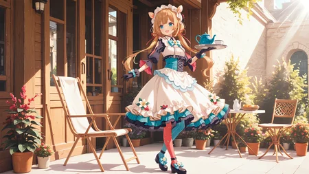 standing, contrapposto, full body, 
smile, open mouth, holding teaset on metal tray,
<lora:niji-eli:1> nijieli,small breasts,blue eyes,brown hair,animal ears,deer ears,long hair,low twintails,red ribbon,, nijielicos,white shirt,frilled shirt,blue bowtie,black sleeves,puffy sleeves,corset,white skirt,frilled skirt,layered skirt,long skirt,white flower,asymmetrical pantyhose,two-tone pantyhose,split-color pantyhose,blue and red pantyhose,headdress,black gloves,,
palace garden, outdoor, day time, sunny day,  light rays, garden table, garden chair,, <lora:illustriousXLv01_stabilizer_v1.164:0.4>
 <lora:add-detail-xl:1.5> <lora:Detail-Enhancer-v1.0:1>, masterpiece,best quality,amazing quality,
 detailed, high_detail, high resolution, 4K,HDR,high detailed, ultra detailed, high res, amazing quality,very aesthetic, absurdres absolutely resolution, newest, texture,  elaborate background,