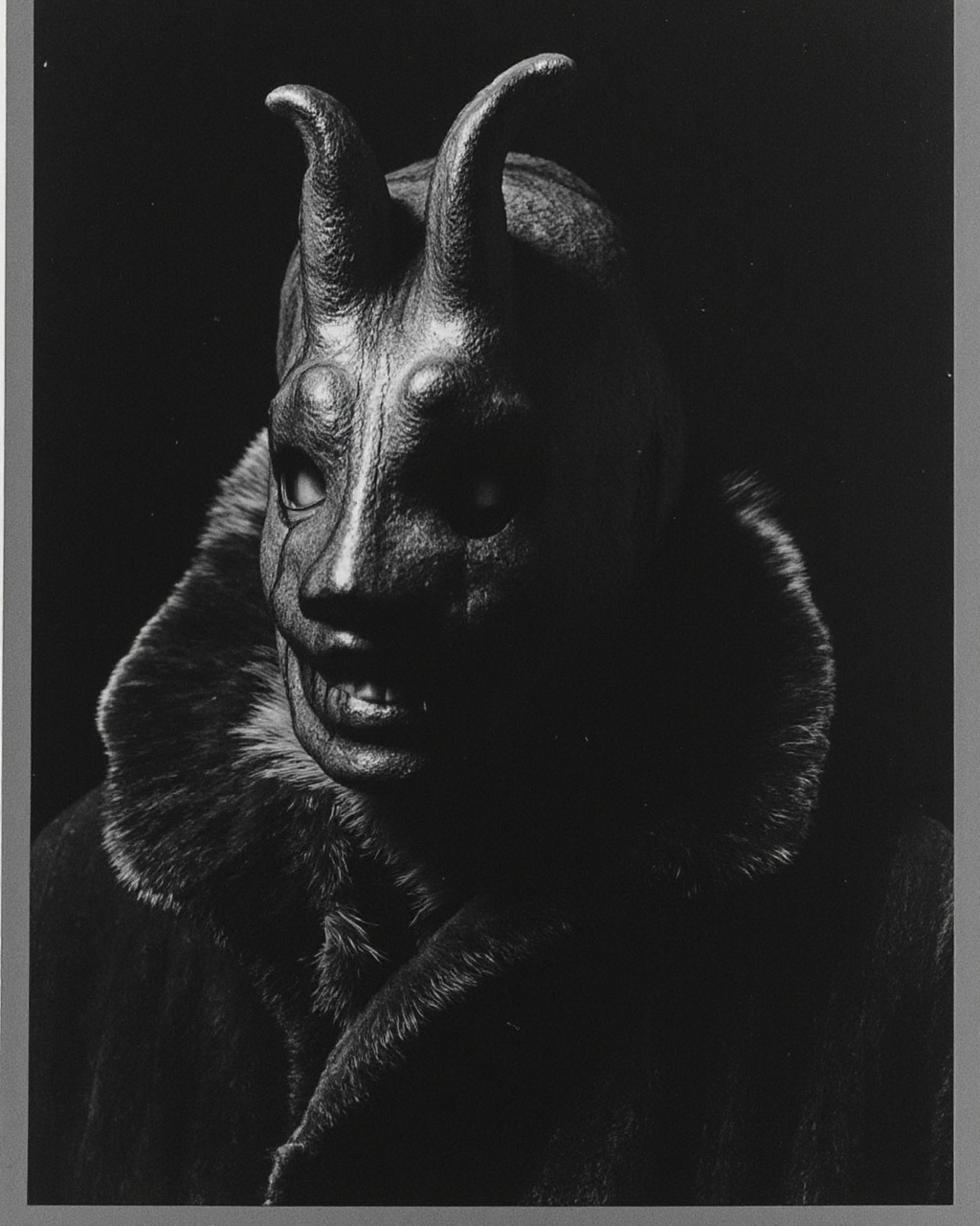 Kaos, The image is a black-and-white photograph  dressed in a fur-lined coat, which appears to be made of coarse, textured material, giving it a rugged, almost wild look. His face is obscured by a grotesque, grinning mask that is worn over his head, with elongated, curved ears that resemble a rabbit's ears. The mask is made of a material that reflects light, giving it a shiny, almost metallic texture. The mask's eyes are sunken and menacing, with a wide, menacing grin, adding to the eerie atmosphere.
