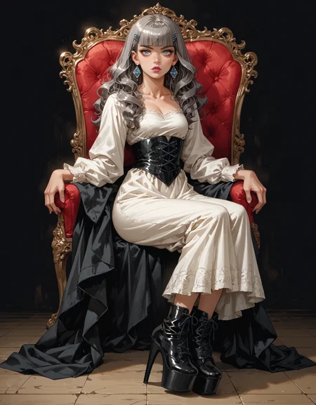 score_9, score_8_up, score_7_up, score_6_up, score_5_up, score_4_up, 1girl, Enchanting, Ornate peplos with intricate geometric patterns and a belted waist, Duchess, Tall, Athletic, Oval Face, Olive Skin, Gray Hair, ice blue Eyes, Short Nose, Full Lips, Round Chin, Shoulder-Length Hair, Thick Hair, Blunt Bangs, firm breasts, Clip-on earrings, violet matte lipstick, Hallowed crypt housing the resting place of legendary heroes hud_pl3aser_ad0re1020, black platform high heel ankle boots, stiletto heels, <lora:pleaseradore1020:0.8>, facing viewer, MythAn1m3, <lora:MythAnim3Style:1>