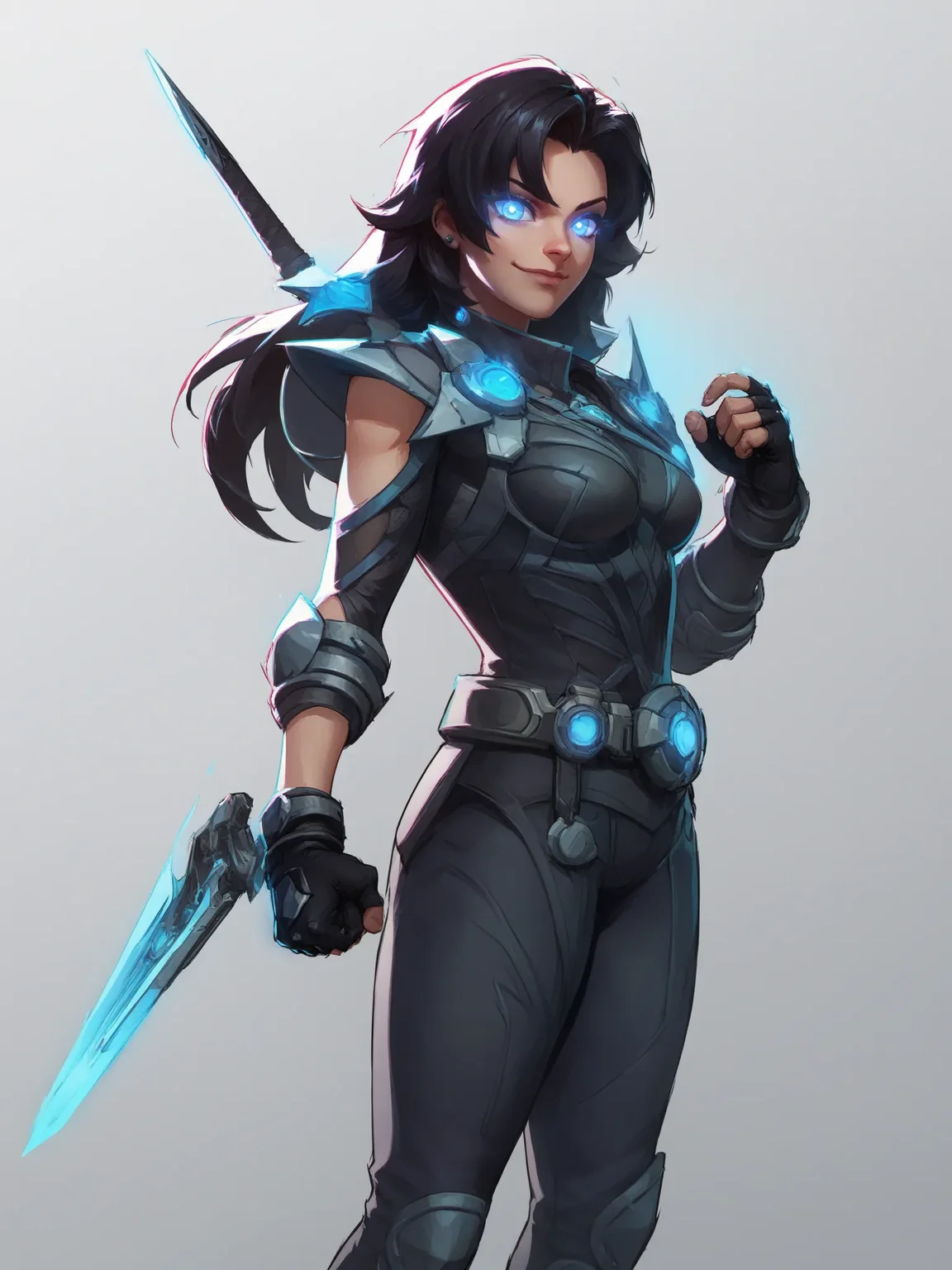 1girl, standing, looking back at viewer, uncensored, score 9 up, score 8 up,
<lora:Marvel_Rivals_Concept_Art_Style PonyXL:1>,holding weapon, glowing eyes, fingerless gloves, closed mouth, smile, medium breasts, black gloves, belt, short hair, jewelry, blue eyes, long hair, shoulder armor, clenched hand,