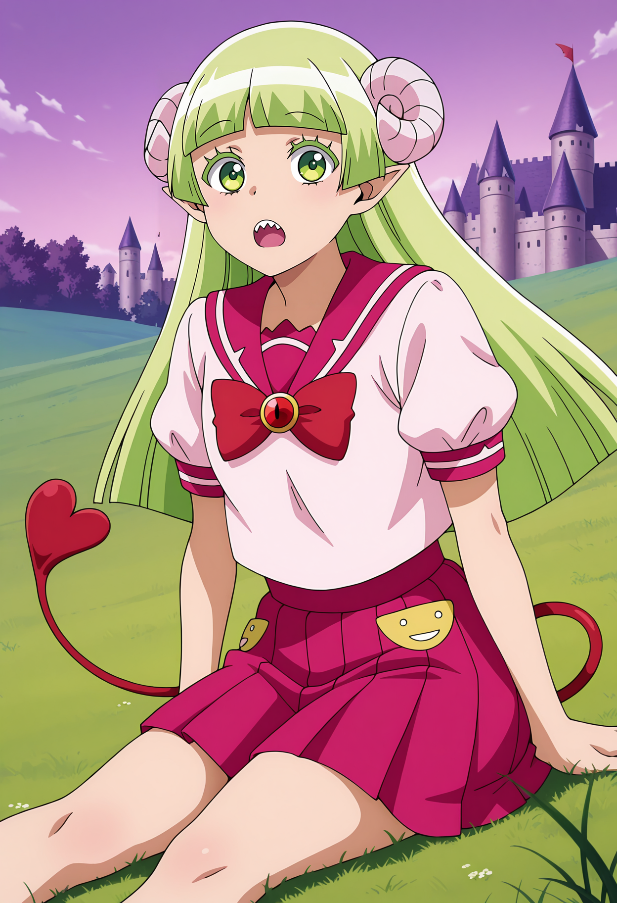 anime screencap, masterpiece, best quality,
<lora:MairimashitaIruma-Kun_ValacClara_IlluXL:0.9>,
1girl, solo, :O, sharp teeth,
blunt bangs, long hair, green hair, green eyes, pointy ears, curled horns, colored eyelashes, demon tail,
pink sailor collar, red bowtie, white shirt, puffy short sleeves, pleated skirt, pocket, pink skirt,
sitting, on grass, looking at viewer,
outdoors, purple sky, grass, castle