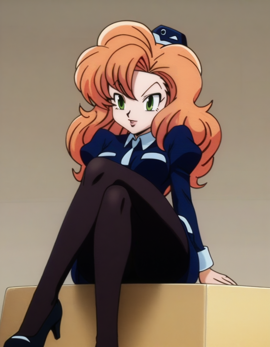 <lora:Coco Loo:1>, coco loo, SOLO, sitting, , blue uniform, black tights, legs crossed, simple background