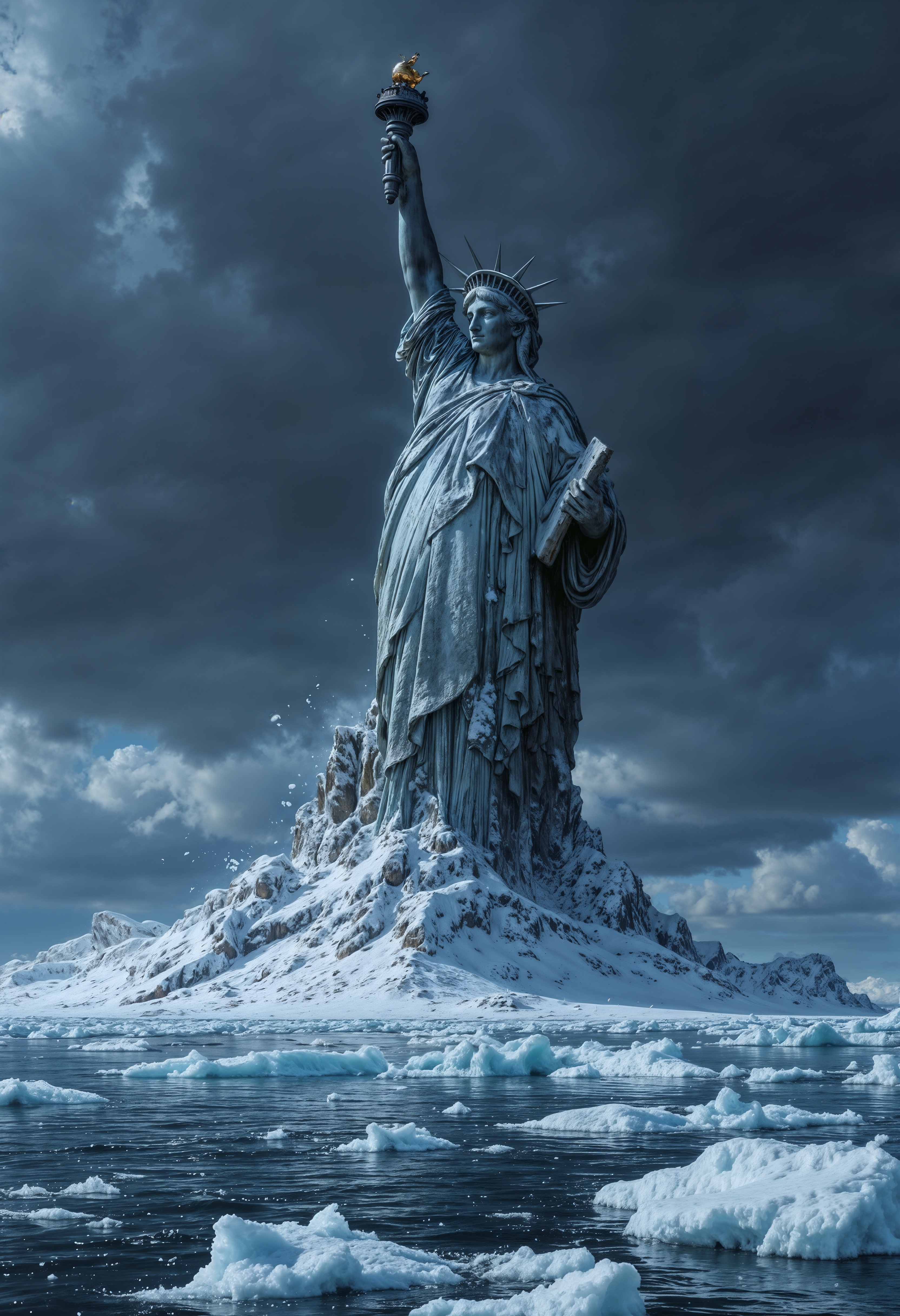 a dramatic and apocalyptic style, featuring a frozen landscape. The central subject is the partially submerged and ice-covered Statue of Liberty, with only the torch-bearing arm and head visible, symbolizing a catastrophic event. The sky is overcast with dark, swirling clouds, enhancing the ominous atmosphere. The overall composition conveys a sense of urgency and disaster
