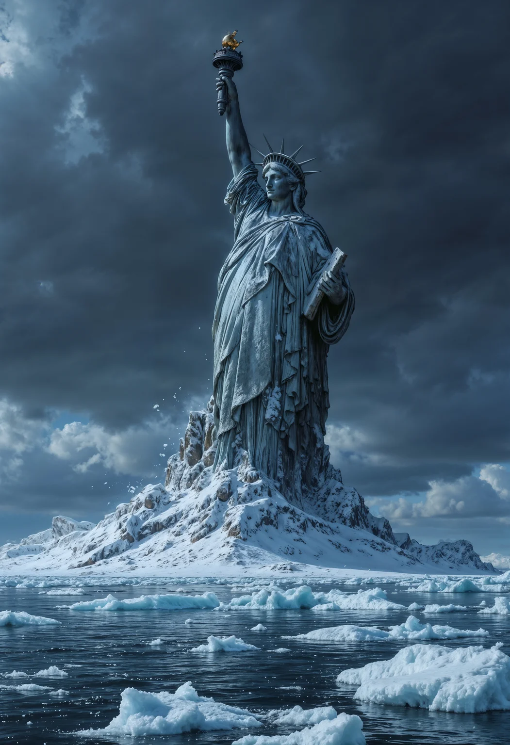 a dramatic and apocalyptic style, featuring a frozen landscape. The central subject is the partially submerged and ice-covered Statue of Liberty, with only the torch-bearing arm and head visible, symbolizing a catastrophic event. The sky is overcast with dark, swirling clouds, enhancing the ominous atmosphere. The overall composition conveys a sense of urgency and disaster