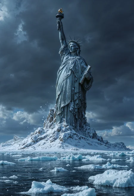a dramatic and apocalyptic style, featuring a frozen landscape. The central subject is the partially submerged and ice-covered Statue of Liberty, with only the torch-bearing arm and head visible, symbolizing a catastrophic event. The sky is overcast with dark, swirling clouds, enhancing the ominous atmosphere. The overall composition conveys a sense of urgency and disaster