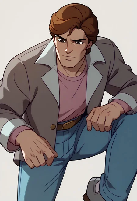 score_9, score_8_up, score_7_up BREAK PeterTAS, 1boy, brown hair, brown eyes, open gray jacket, pink tucked undershirt, brown belt, golden buckle, jeans, gray shoes,