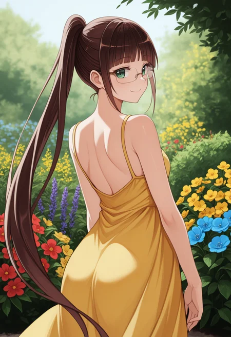 masterpiece, best quality, 1girl, solo, Rur1Miyam0to, green eyes, brown hair, very long hair, ponytail, bangs, glasses, from behind, outdoors, garden, flower, red flower, blue flower, purple flower, yellow flower, looking back, yellow sundress, shoulder blades, sleeveless, smile, <lora:ChamRuriMiyamotoNoob:1>