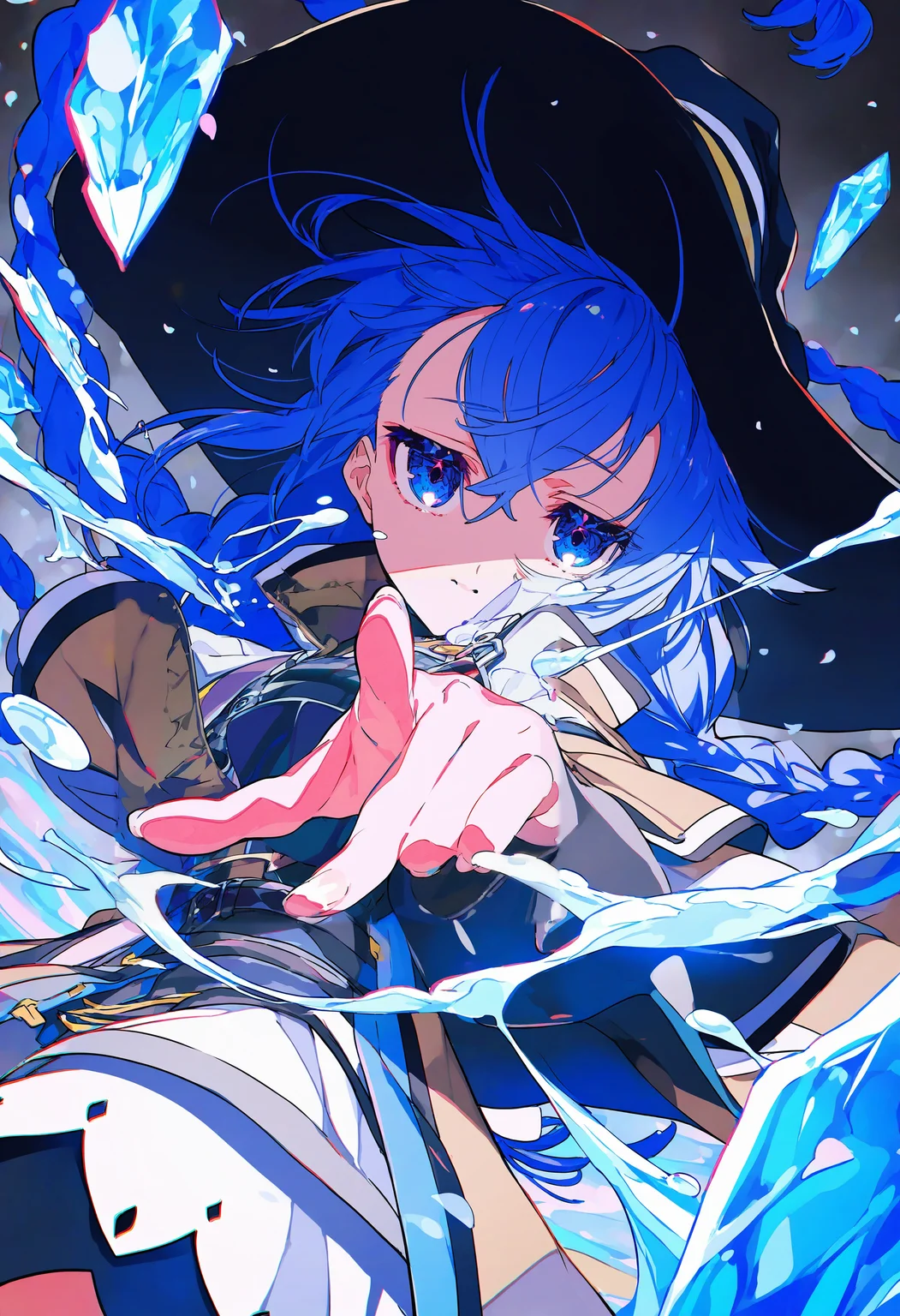 masterpiece,best quality,very awa,newest,highres,absurdres,an extremely delicate and beautiful,original,illustration,amazing,Roxy migurdia,jitome,
With one hand supporting the big hat on his head,the facial light is blocked by the big hat,presenting a beautiful cut light,Surrounded by floating crystal petals,fluid dynamics,spiral,A three-dimensional spiral structure surrounds the body,The special effects covered in crystals and fluids obscure a part of the body,extreme close up,tight shot,dramatic angle,Epic composition,shaded face,posing,floating hair,head tilt,vortex,dutch angle,shadow,chromatic aberration,bokeh,caustics,cerulean gold particle effects,floating,chromatic aberration,fluid dynamics,(Pointing towards the camera:0.2),
(artist: yoneyama mai:0.5)(artist: Mika pikazo:0.4),(artist: Rolua:0.4),