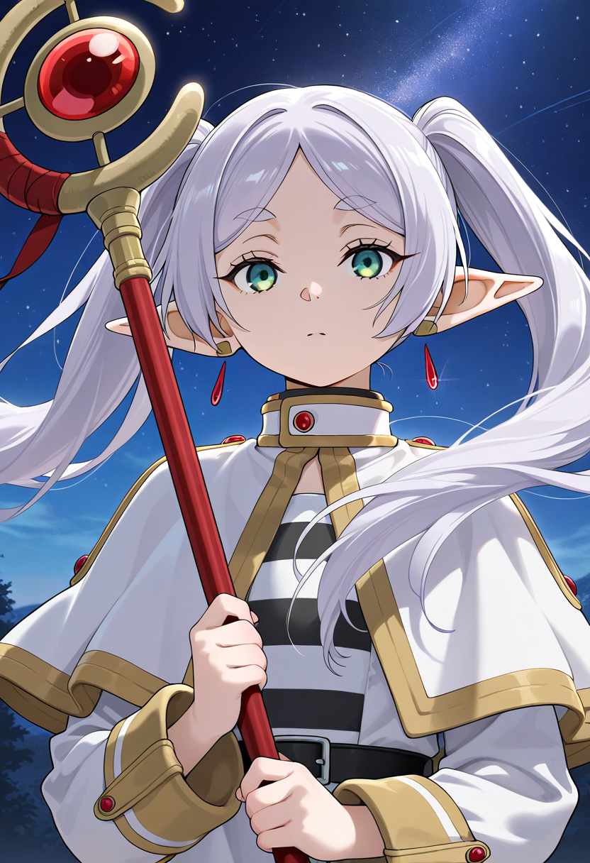 masterpiece,best quality,amazing quality, frieren, 1girl, solo, pointy ears, twintails, staff, long hair, holding, white capelet, earrings, capelet, jewelry, looking at viewer, green eyes, holding staff, long sleeves, night, floating hair, sky, elf, night sky, outdoors, star \(sky\), upper body, white hair, shirt, striped, bangs, starry sky