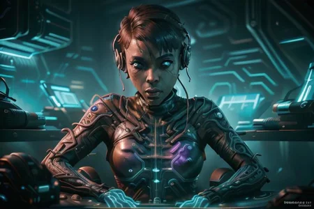 1 adult woman, CyberMamanBrigitte, headphones, goggles, detailed face, (partially submerged in watertube), (catsuit, CircuitBoardAI)
BACKDROP is water tube AND interior of cyberpunk nethacker workshop, GlowingRunes_paleblue, GlowingRunes_purple, detailed