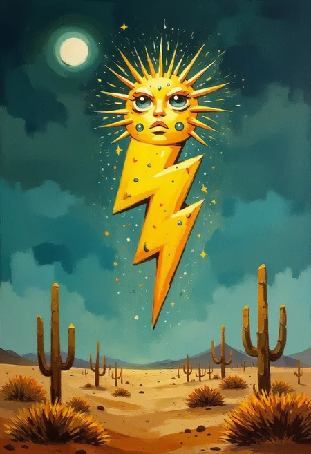A floating sentient yellow lightningbolt symbol with many eyes. In a moonlit desert. oilpainting