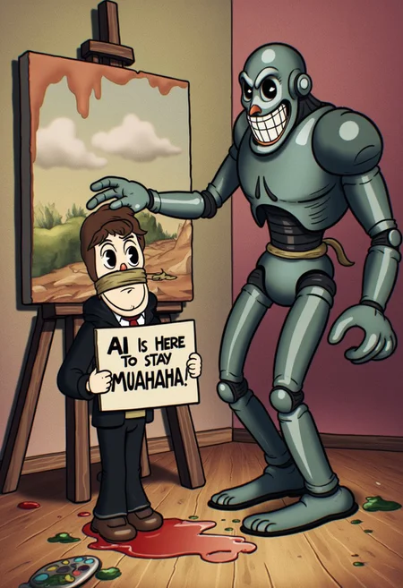 RU883R style, A cyborg is holding an artist hostage in front of a cavas. The artist is tied up with their mouth covered with duct tape, The artist is holding a sign that reads, "AI is here to stay muahaha!". Vintage 1920s cartoon. The robot has a very toothy sinister grin and the overall mood is sinister. There is an artists color palette that has paint that ahs spilled all over the wall and floors