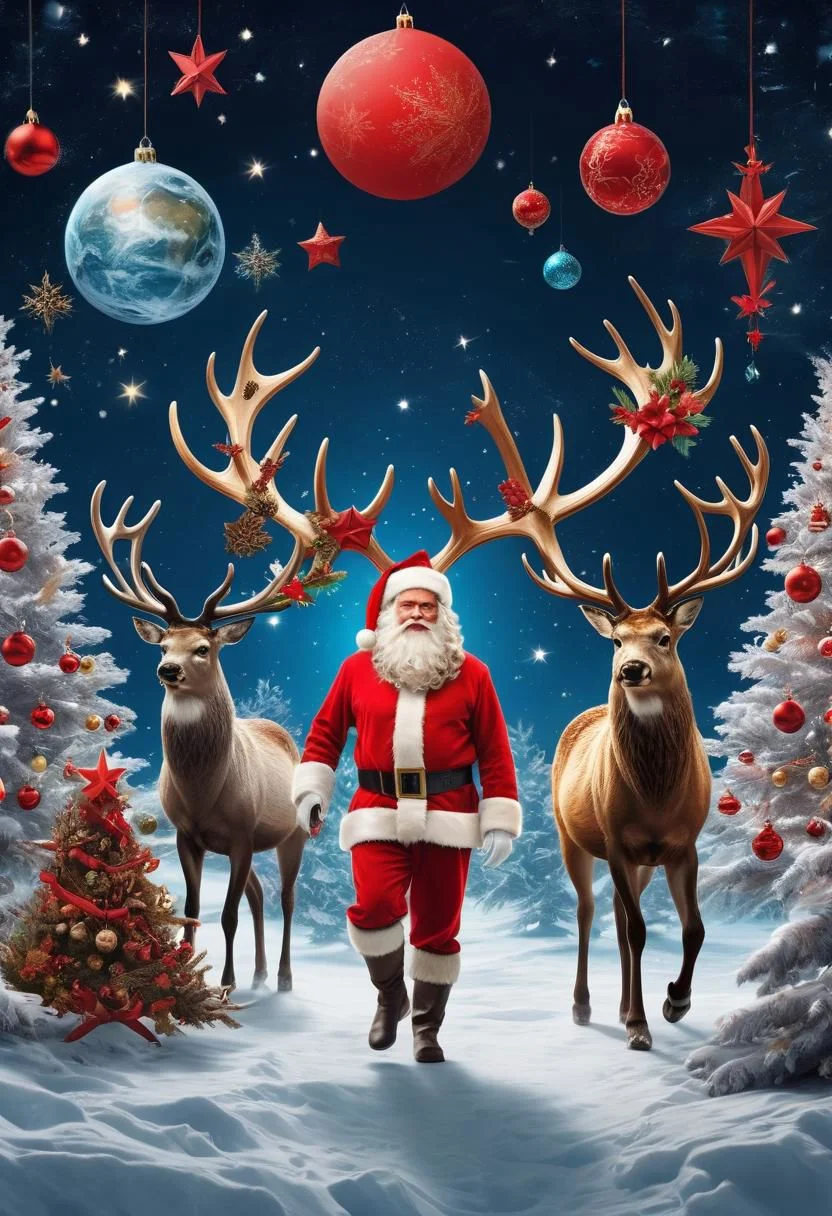 universe, aesthetics of cosmic motifs, art Research, use, symbolism of space, planet in various artistic directions, centered spase ship-reindeer with red Christmas tree, a wild angry deer rushes towards the viewer, there are Christmas decorations on the antlers, some of the Christmas decorations are broken, part of the frame is occupied by the face of Santa Claus in horror