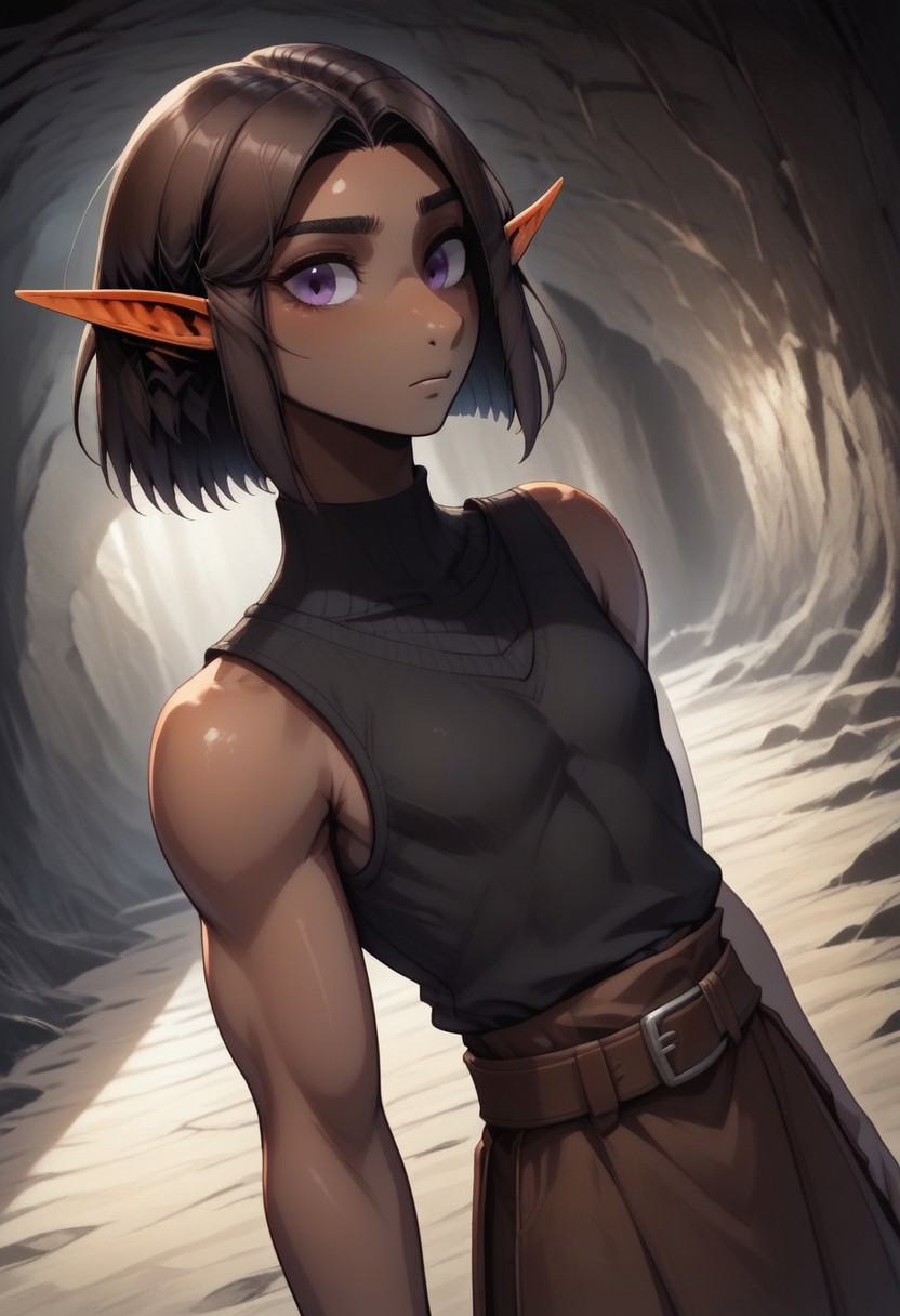 Repeta, 1 person, snout nose, solo, pointy ears, violet eyes, dark skin, dark brown hair, chin-length hair, parted hair, black sleeveless top, brown breeches, brown belt,
organic cavern background,
Medieval style, Dutch angle,
Smooth colors, clean lines, high quality, best quality, masterpiece, score: 9, score: 8 up, rating: safe, source: semi-realistic,