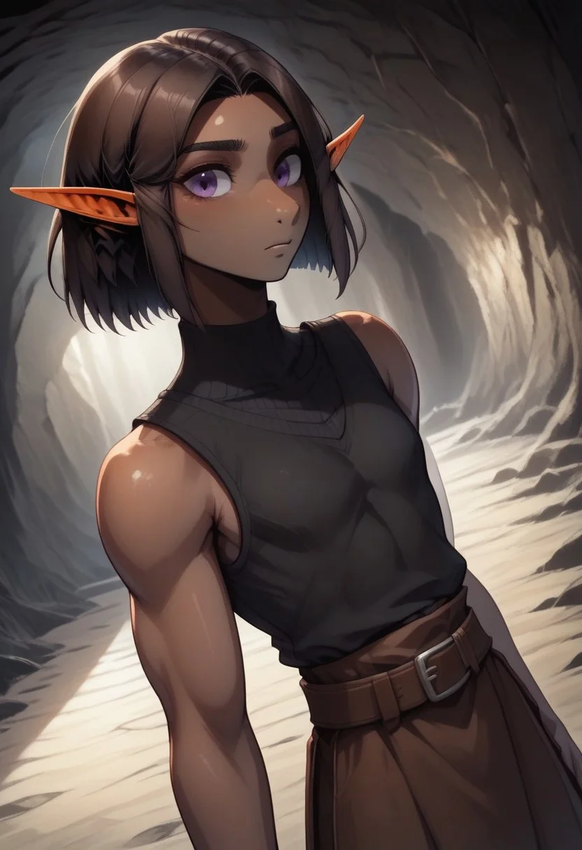 Repeta, 1 person, snout nose, solo, pointy ears, violet eyes, dark skin, dark brown hair, chin-length hair, parted hair, black sleeveless top, brown breeches, brown belt,
organic cavern background,
Medieval style, Dutch angle,
Smooth colors, clean lines, high quality, best quality, masterpiece, score: 9, score: 8 up, rating: safe, source: semi-realistic,