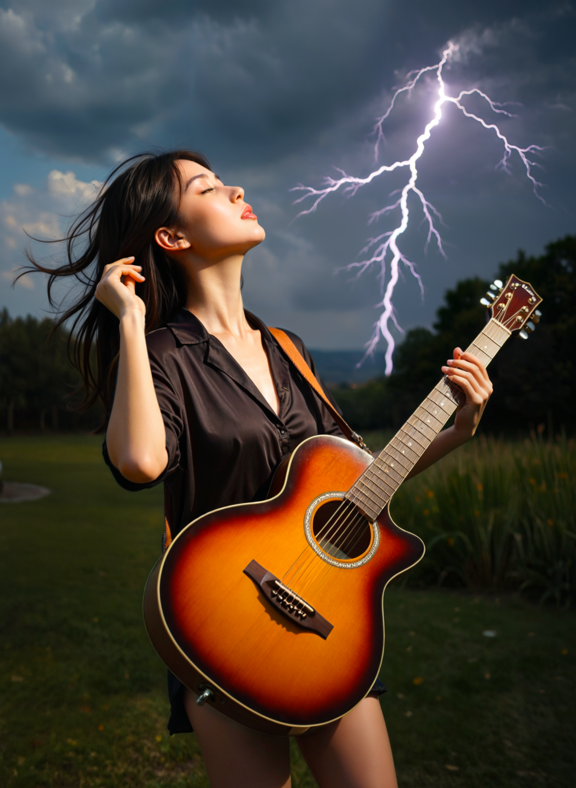 cinematic film still a young woman standing in a field with a guitar in her hands. She is wearing a black blouse and has long dark hair that is blowing in the wind. The sky is dark and cloudy, and a lightning bolt is visible in the background. The woman is looking up towards the sky with a peaceful expression on her face. The guitar is an acoustic model with a sunburst finish and a white pickguard. The overall mood of the image is calm and serene. <lora:add-detail-xl:.5>  <lora:Flux-style-xl-lora:.5>