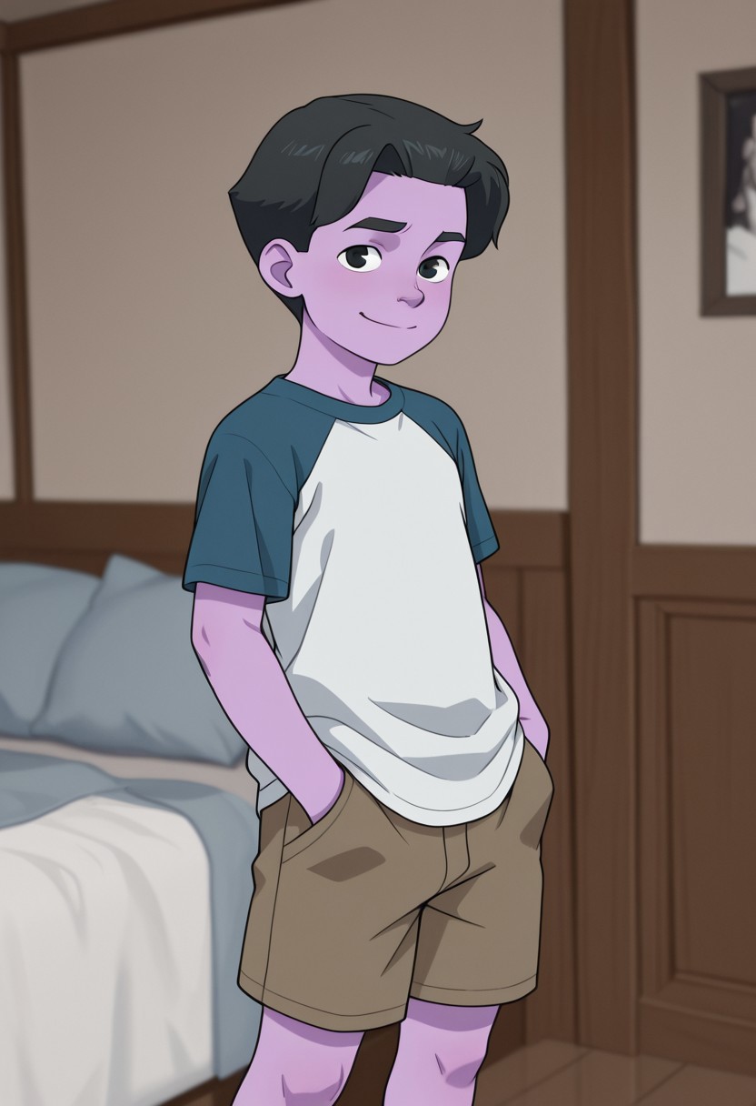 masterpiece, best quality, amazing quality, 1boy, solo, cute boy, male focus,1boy,Oliver, Black Hair, Black Eyes, Purple Skin, Colored Skin,detailed skin, standing,t-shirt, raglan sleeves, shorts,hands in pockets,smile,looking at viewer,bedroom,