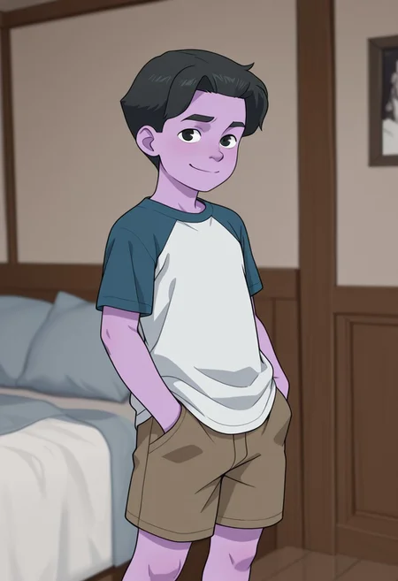 masterpiece, best quality, amazing quality, 1boy, solo, cute boy, male focus,1boy,Oliver, Black Hair, Black Eyes, Purple Skin, Colored Skin,detailed skin, standing,t-shirt, raglan sleeves, shorts,hands in pockets,smile,looking at viewer,bedroom,