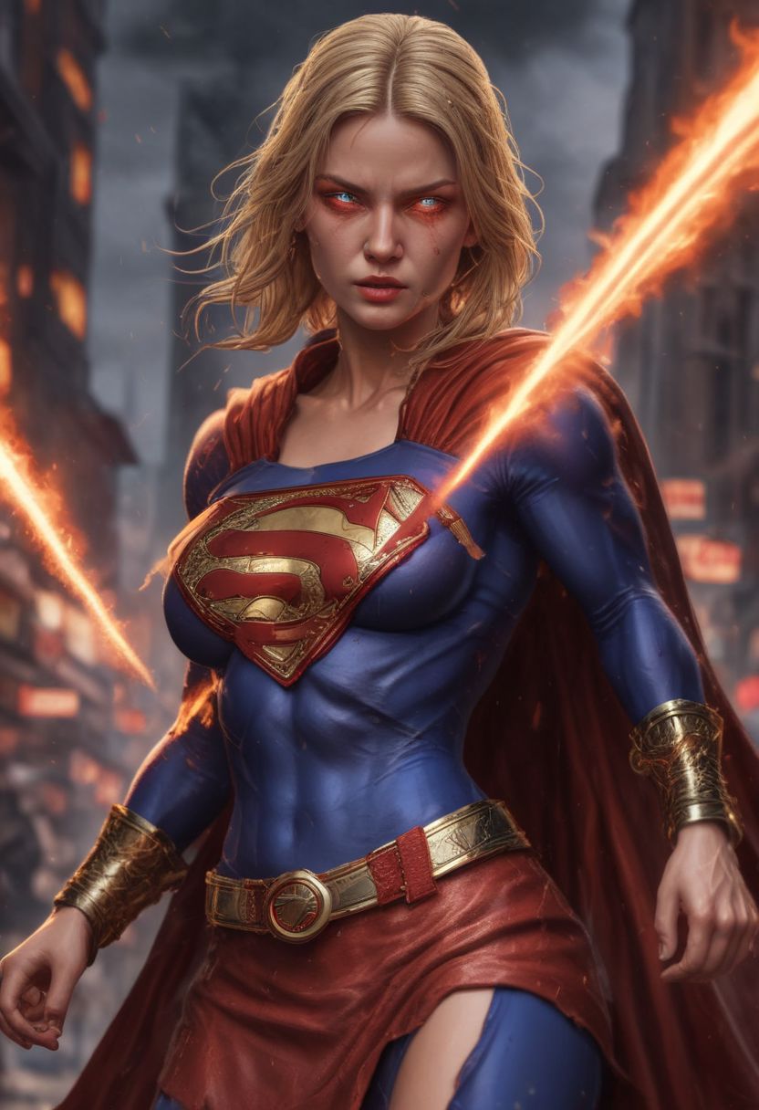 High resolution ultra-realistic of Beautiful Supergirl fighting against alien invasion, cinematic style, standing on a bloody and stormy battlefield in a fighting pose, bloody massacre, fire, realistic combat costume, red mini skirt, perfect athletic figure, wavy blonde hair, handsome dirty bloody face, beautiful perfect detailed pupils, wet oily shiny skin, beautiful firm Breasts, defiant and seductive, sexy 20 year old girl, 8k resolution concept art portrait by Greg Rutkowski, Dark Gotham City, Artgerm, WLOP, Alphonse Mucha, dynamic lighting, hyperdetailed, intricately detailed, Splash art trending on Artstation triadic colors, Unreal Engine, 5 volumetric lighting, Cinematic Lighting, intricate, smooth, sharp focus digital painting, Asymmetrical Balance, painting, dynamic lighting